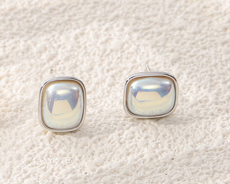 Bevel Frame Square Pearl Stud Earrings - 图片 4