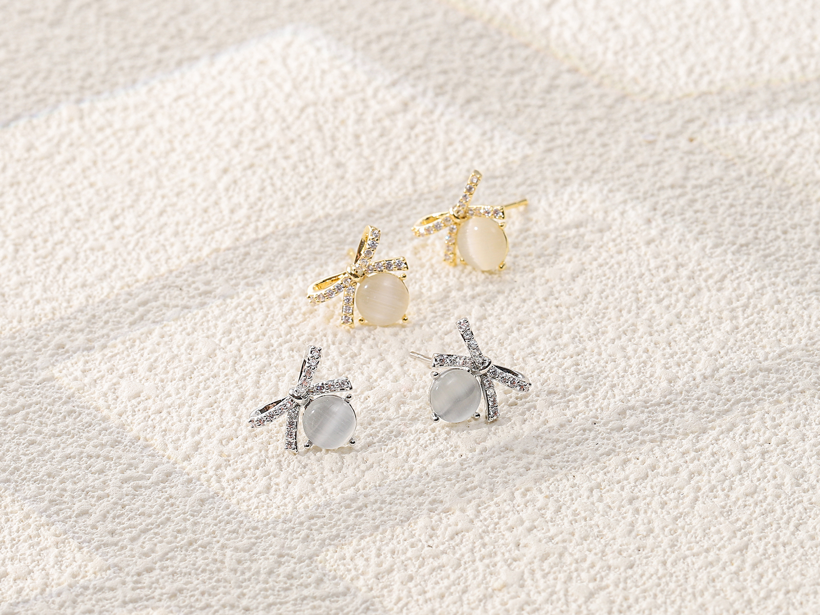 Bowknot Cat's Eye Zircon Stud Earrings,