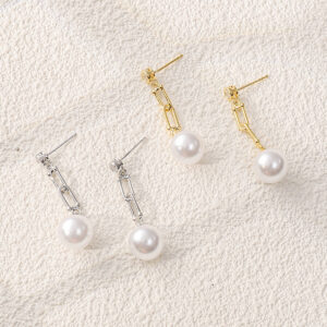Minimalist Link Chain Imitation Pearl Drop Earrings