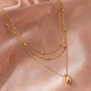 Triple Layer Gold Bead Chain Teardrop Pendant Necklace