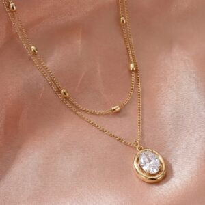 Double Layer Oval Zircon Gold Stacked Necklace
