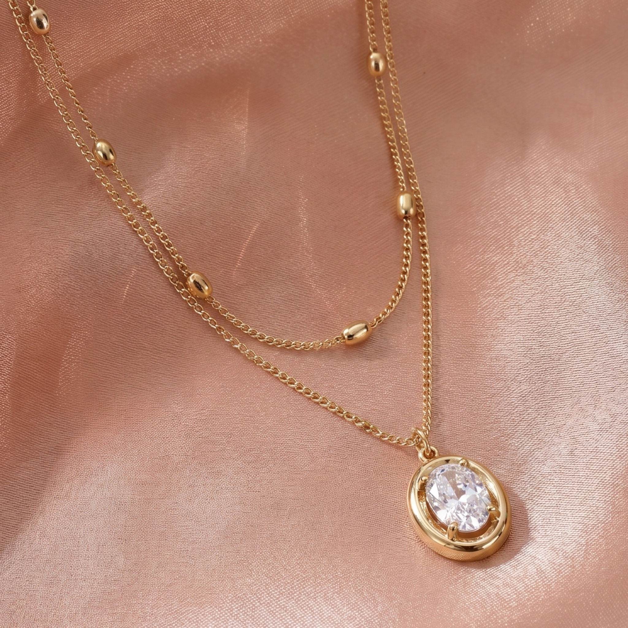 Double Layer Oval Zircon Gold Stacked Necklace