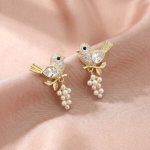 Bird Pearl Tassel Zircon Earrings