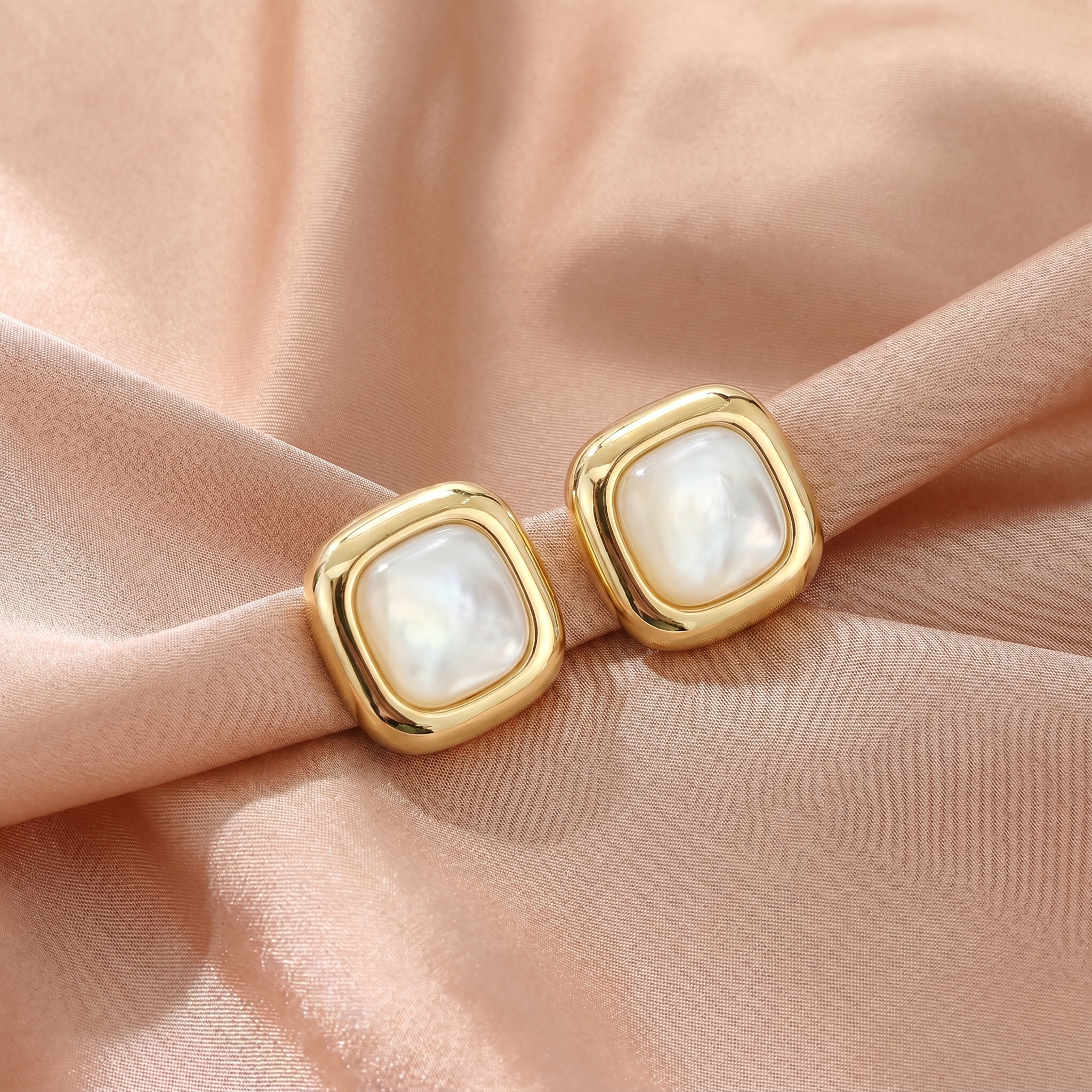 Square White Shell Stud Earrings
