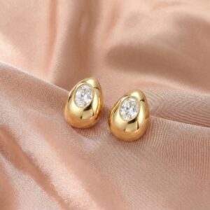 Oval Cubic Zirconia Stud Earrings with Oval Metal Bezel