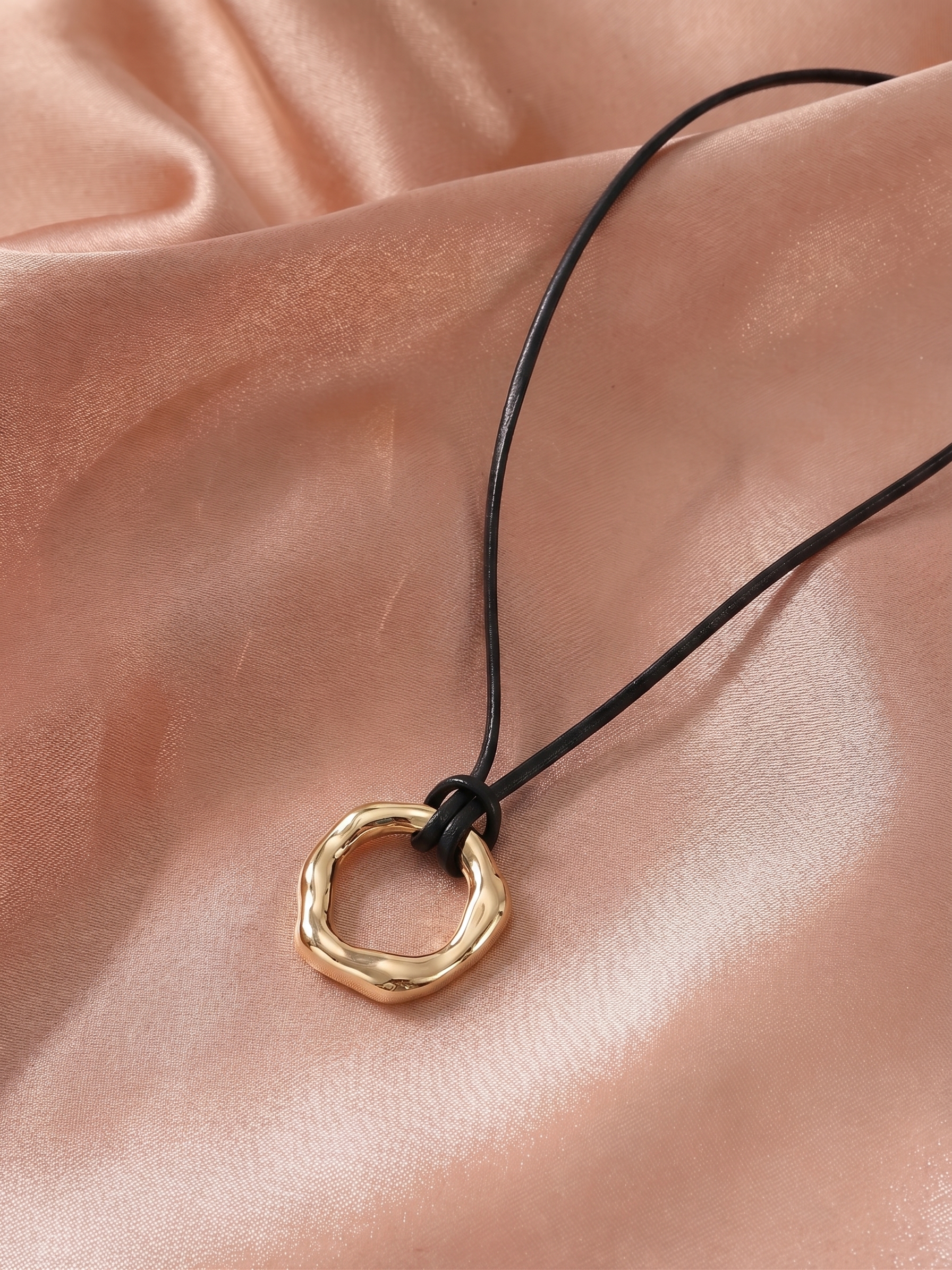 Irregular Textured Gold Ring Black Cord Necklace