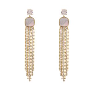 White Square Shell Crystal Long Tassel Dangle Earrings