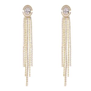 Gold Circle Crystal Long Multi Bead Chain Tassel Dangle Earrings