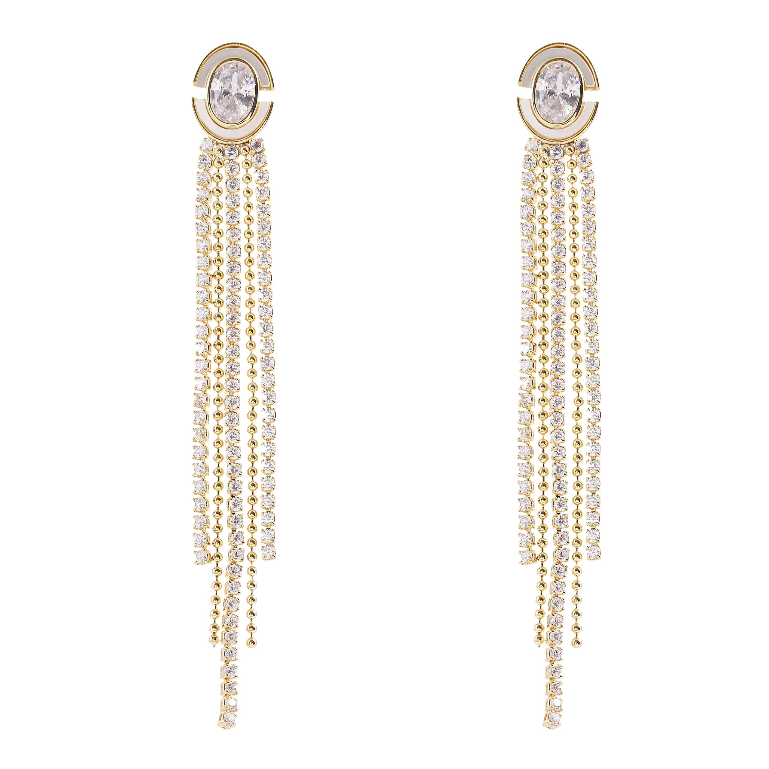 Gold Circle Crystal Long Multi Bead Chain Tassel Dangle Earrings