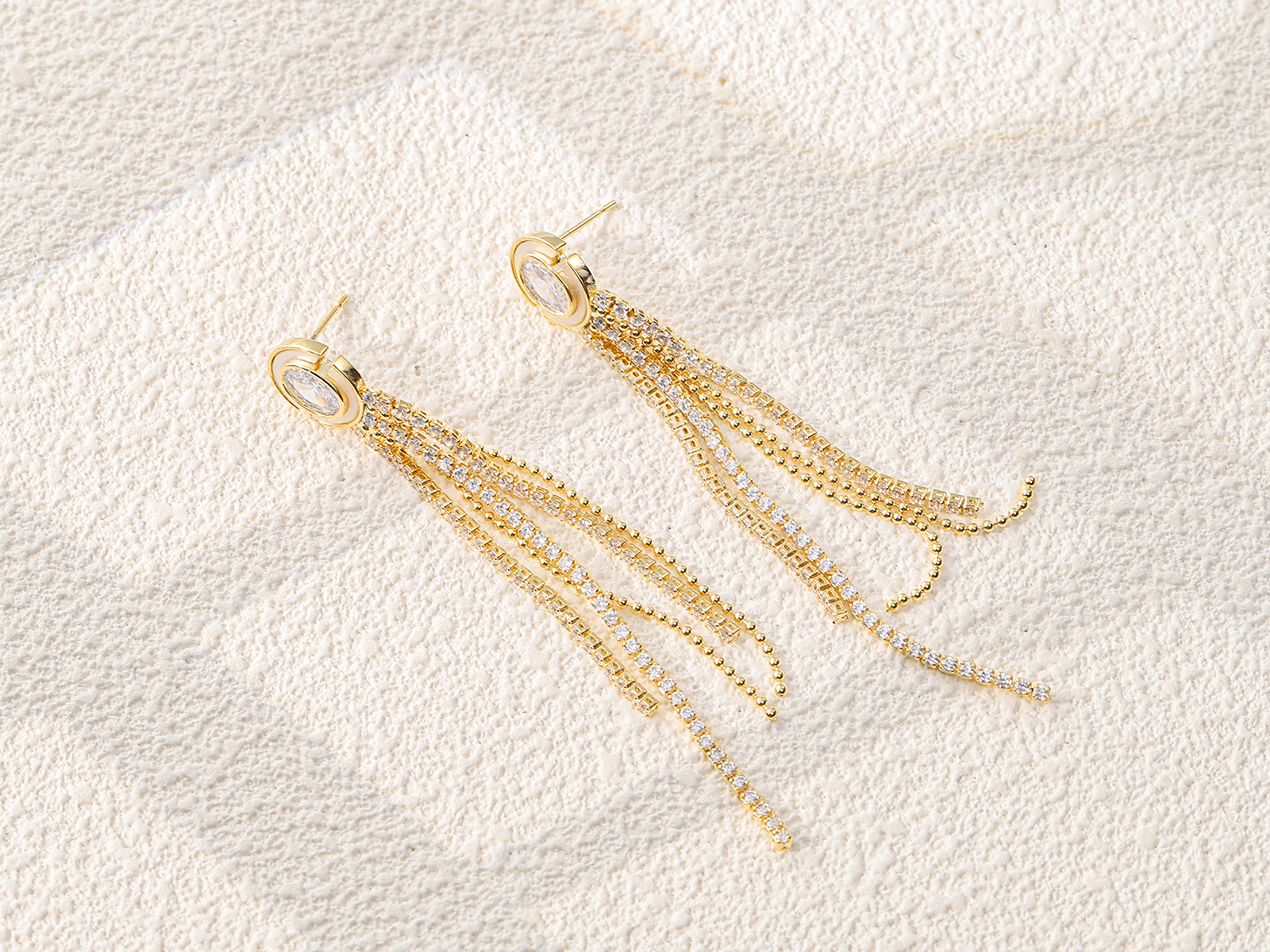 Gold Circle Crystal Long Multi Bead Chain Tassel Dangle Earrings - 图片 2