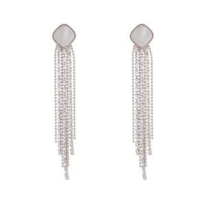 Silver Square Shell Multi Chain Long Tassel Dangle Earrings