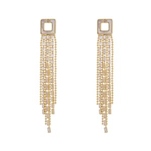 Gold Square Rhinestone Frame Long Multi Chain Tassel Dangle Earrings