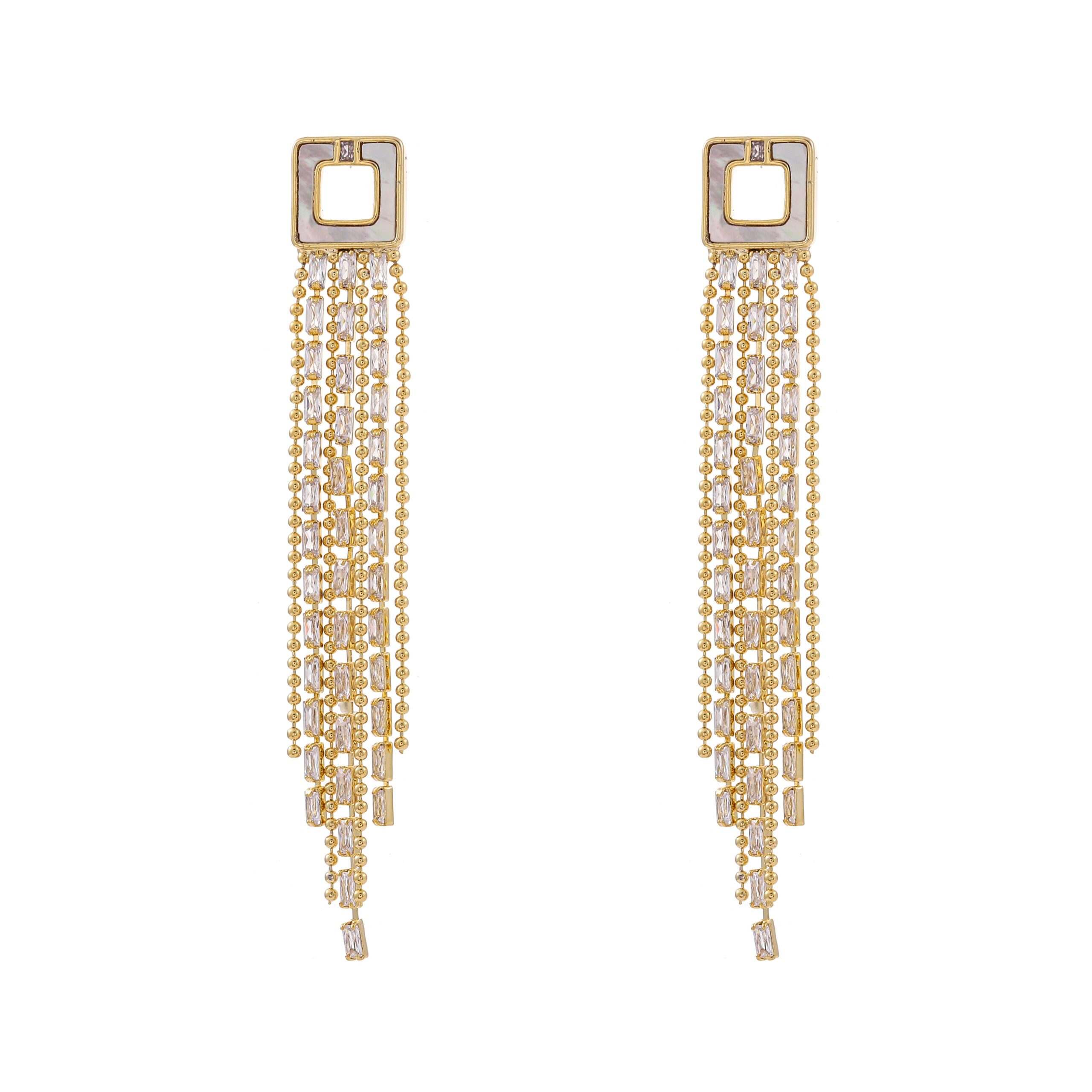 Gold Square Rhinestone Frame Long Multi Chain Tassel Dangle Earrings