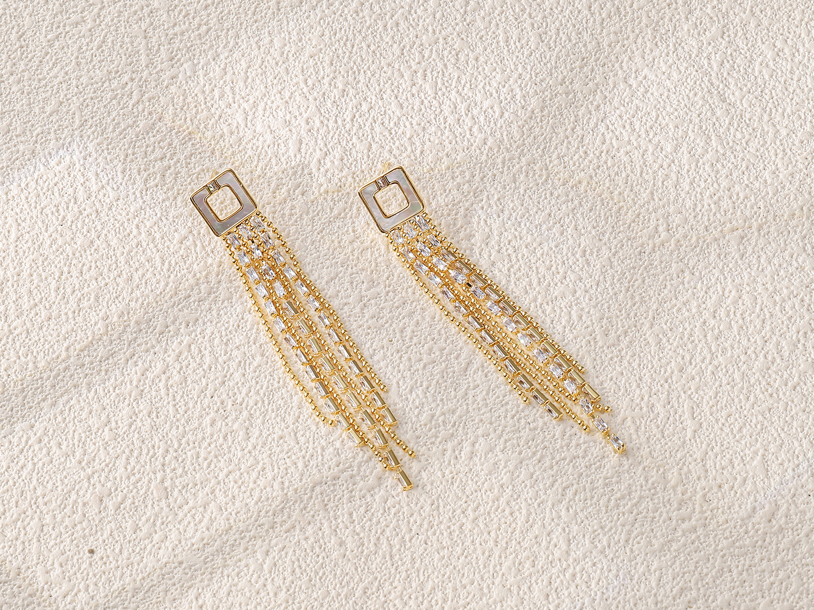 Gold Square Rhinestone Frame Long Multi Chain Tassel Dangle Earrings - 图片 2