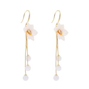 Gold Floral Long Pearl Drop Hook Earrings