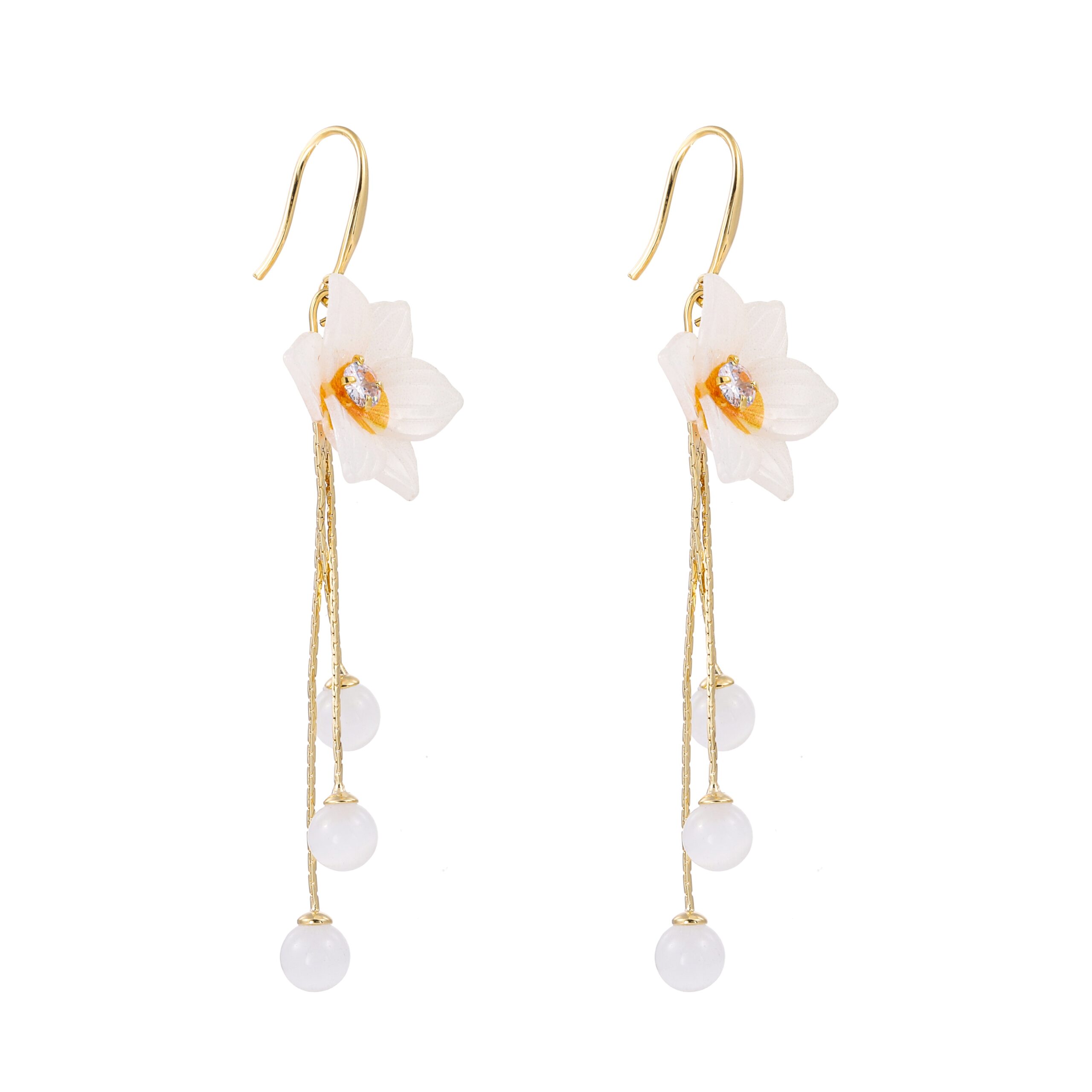 Gold Floral Long Pearl Drop Hook Earrings
