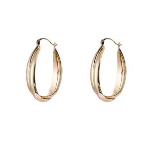 Twisted Oval Polished Gold Hoop Earrings, Large Curved Open Hoops
