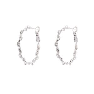 Chain Twisted Textured Silver Oval Hoop Earrings, Irregular Chain Pattern Open Hoops