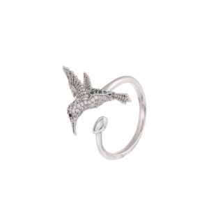 Silver Plated Full Pave Zircon Hummingbird Adjustable Open Ring