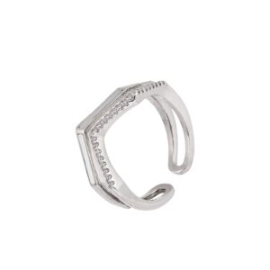 Silver Double Layer V-Shape Micro Pave Cubic Zirconia Open Ring