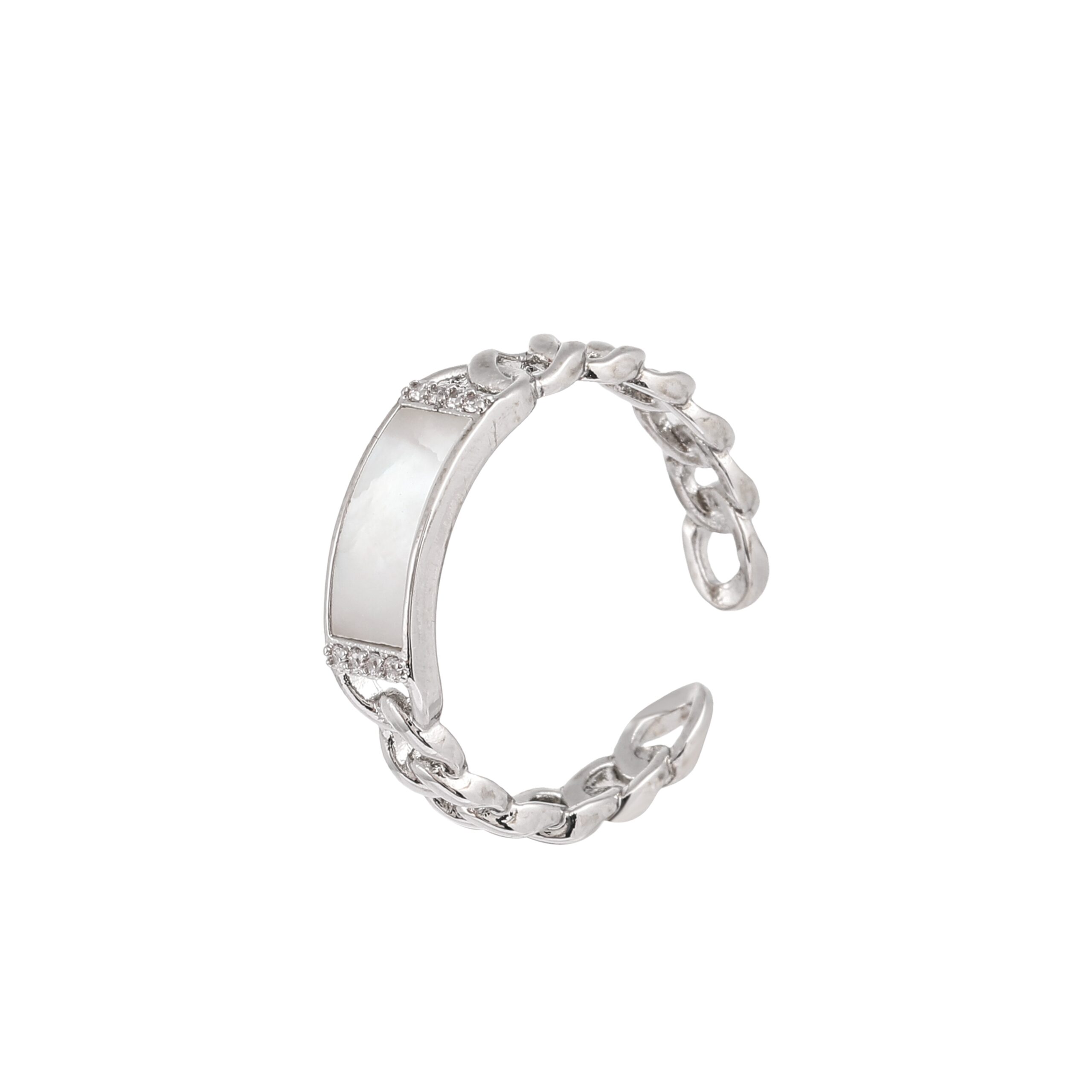 Silver Tone Side Round Cubic Zirconia Chain Detail Open Ring