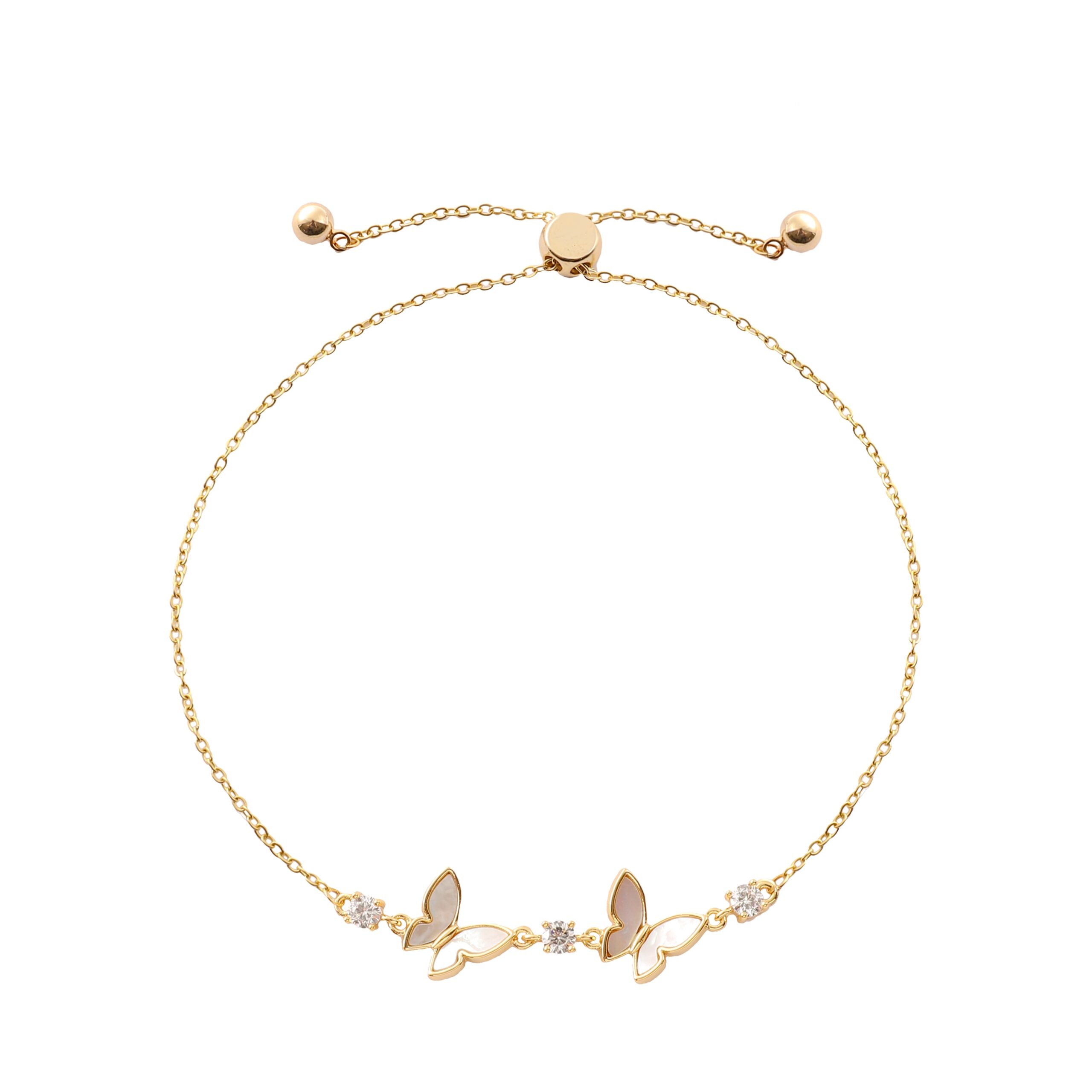 Two Butterfly Enamel Zircon Slider Adjustable Gold Bracelet