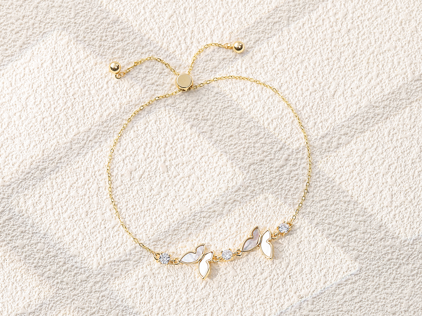 Two Butterfly Enamel Zircon Slider Adjustable Gold Bracelet - 图片 2