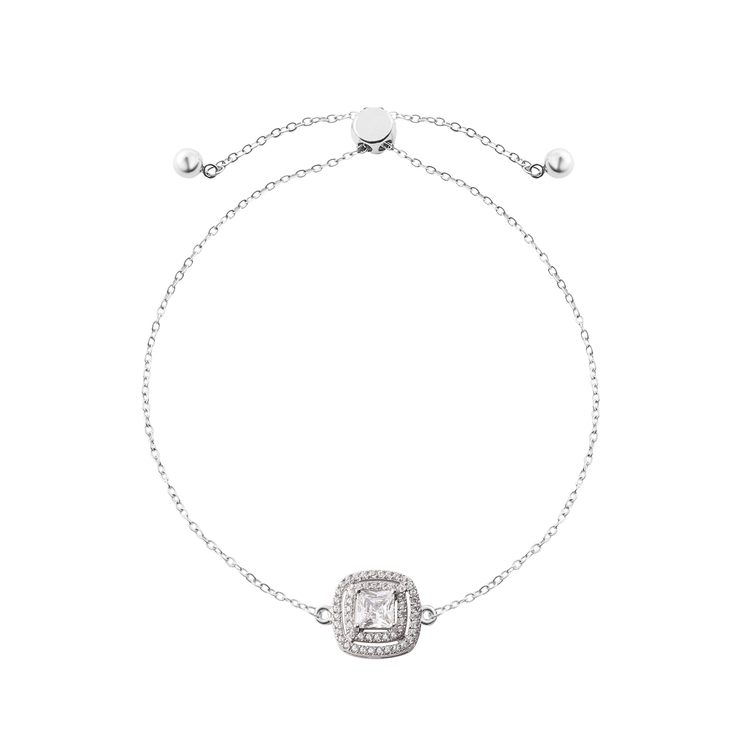 Square Halo Zircon Adjustable Silver Slider Bracelet