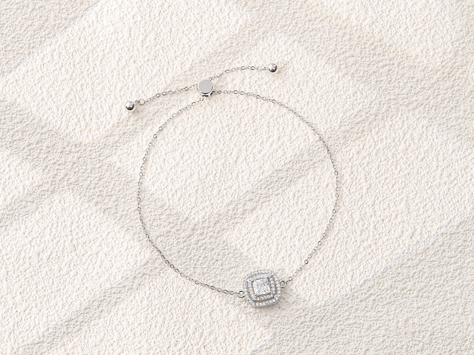 Square Halo Zircon Adjustable Silver Slider Bracelet - 图片 2