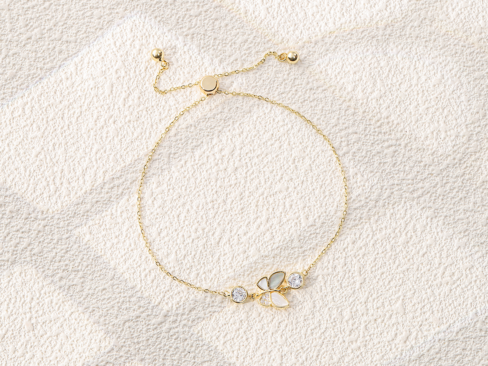 Butterfly Shell Zircon Slider Adjustable Gold Bracelet - 图片 2