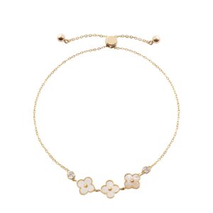 Three Flower Shell Zircon Adjustable Slider Gold Bracelet