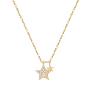 Double Star Full Paved Zircon Pendant Necklace, Gold & Silver Two Tones