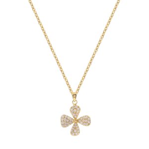 Four‑Leaf Clover Zircon Pendant Necklace, Gold Silver Two‑Tone