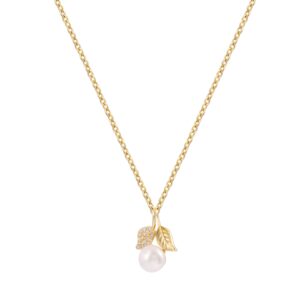 Leaf Zircon Imitation Pearl Pendant Necklace, Gold Silver Two‑Tone