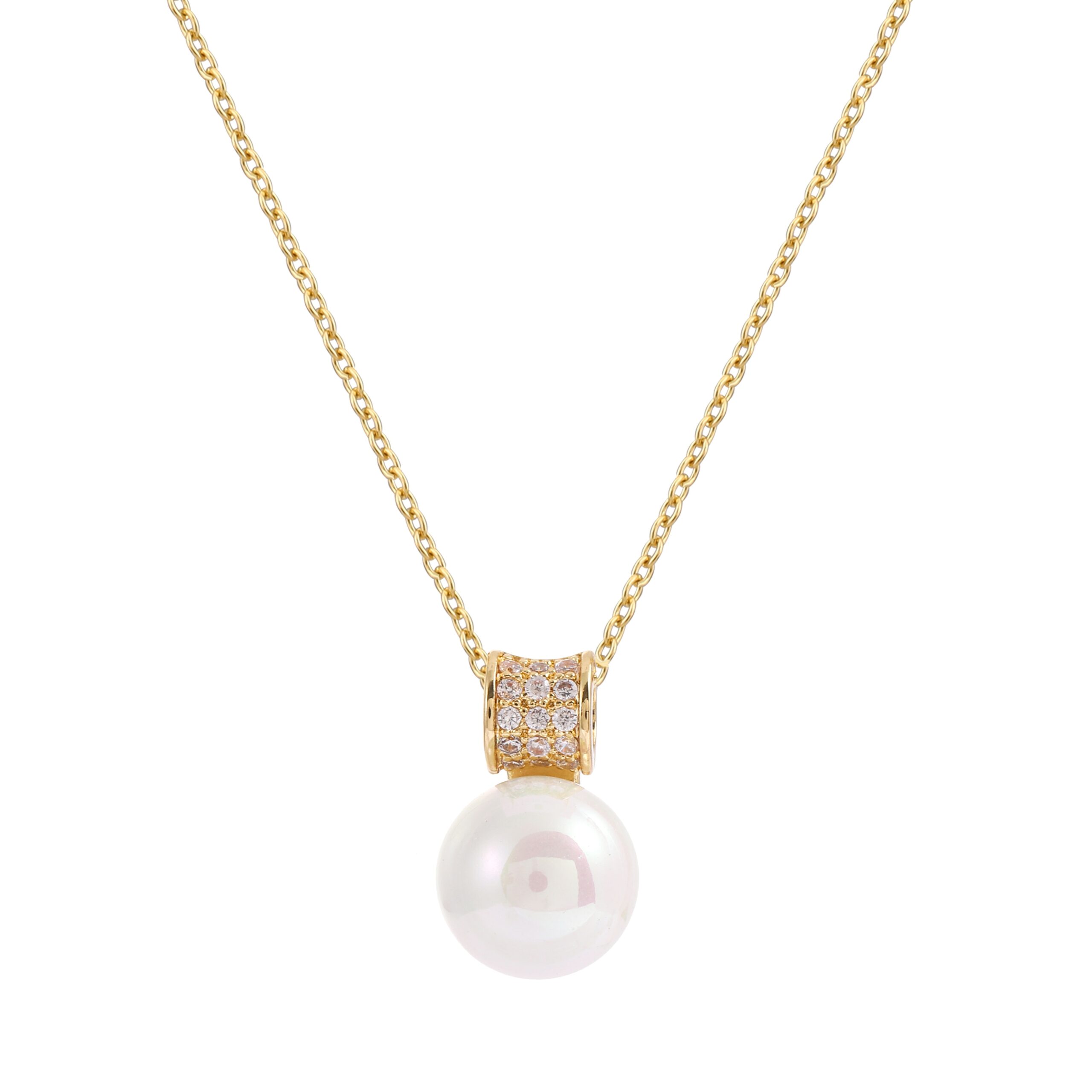 Square Zircon Frame Round Imitation Pearl Pendant Necklace