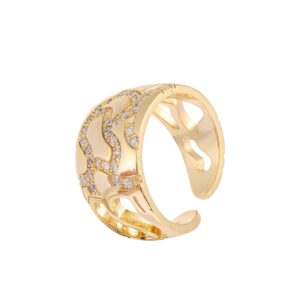 Hollow Floral Zircon Inlaid Open Gold Cuff Ring