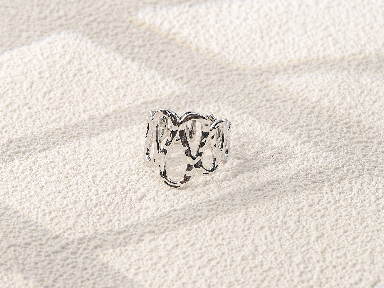 Irregular Hollow Wave Silver Open Cuff Ring
